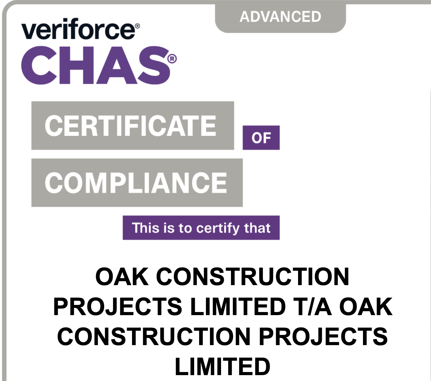 CHAS/Verify Advanced Certificate of Compliance.